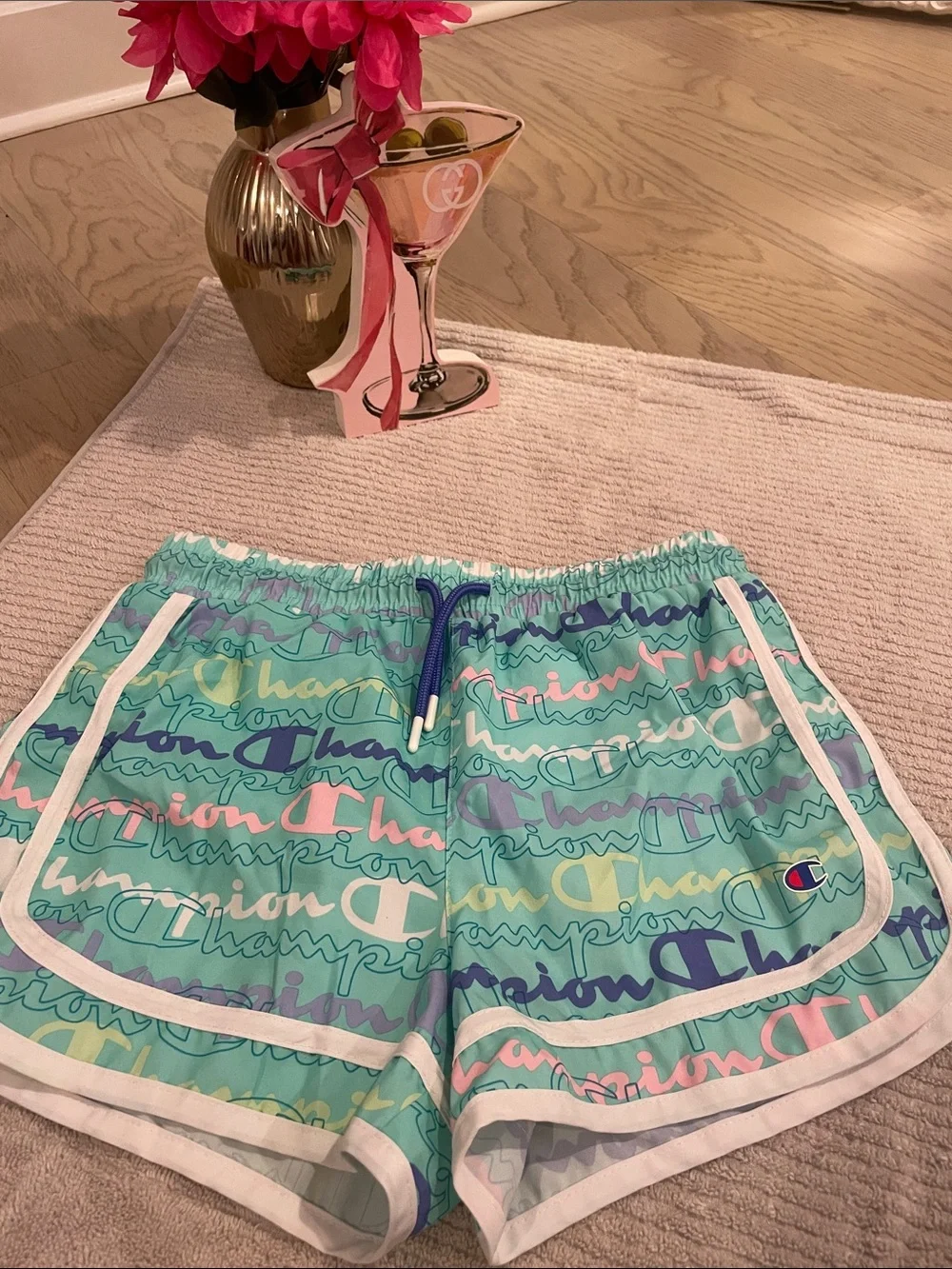 Champion Women's Teal Multi Pastel Logo Athletic Shorts